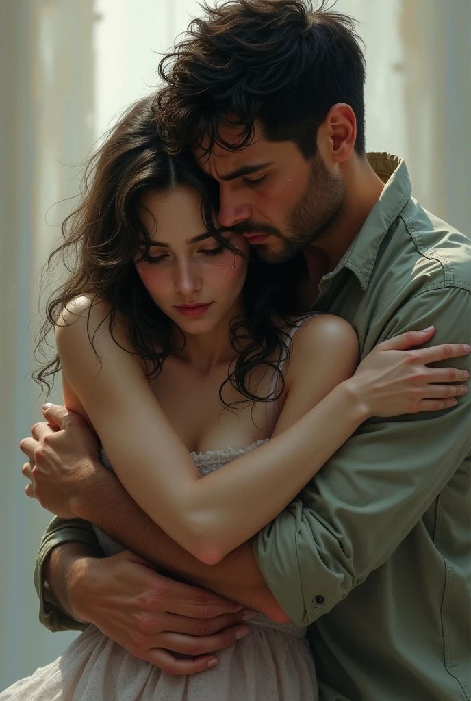 A man is emotionally hugging a woman by her waist, his head is resting on her abdomen. The woman is overwhelmed and tearful