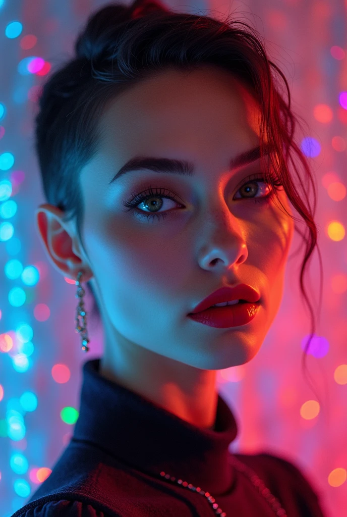 (close), Portraiture, Portraiture, (alone), masterpiece, Highest quality, Clothes with strong contrast, psychedelic, [[[lsd]]], particle, bloom, Neon lighting, (Shine), Flat Color, Splashes of color, Mixing colors Russian mature model has a strong, angular jawline that could cut glass. High cheekbones that stretch out into a sharp point, framing her eyes perfectly. Her nose is straight and slightly upturned at the tip, adding character to her face. Her lips are full and pouty, often painted with a shade of red that screams confidence. Her complexion is flawless, smooth as silk. Her eyes are captivating; they hold stories of experiences far greater than most people could imagine. They're almond-shaped and framed by thick, dark lashes. The model has a prominent forehead, giving her a regal air. All these features come together to create a stunningly beautiful face that demands attention wherever she goes neon tanktop wolfcut haircut