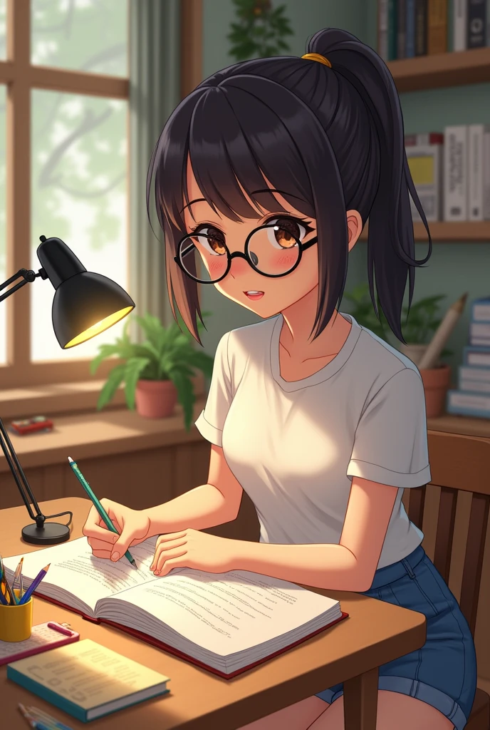 A town young big girl wearing specs and tied hair in a ponytail wearing white tshirt and blue mini skirt. Read science book pn seating study table
