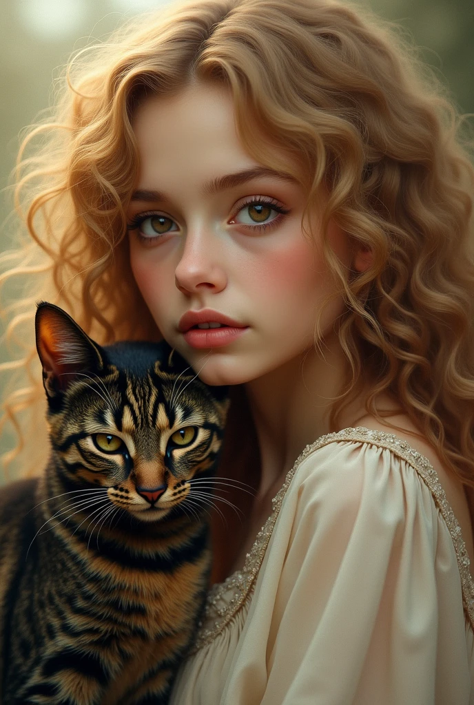 Drawing of a young woman with golden hair, long and curly with brown eyes winged by a tortoiseshell cat, wingless