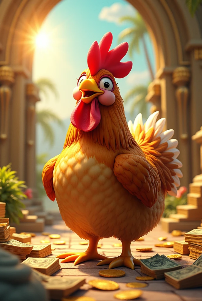 Happy hen in a mansion made of money and cars and sunlight 