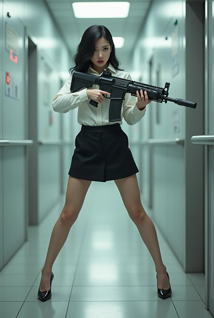beautiful chinese office lady mini skirt white shirt realistic long machine gun toting real person legs spread apart standing rampage shooting side target facing