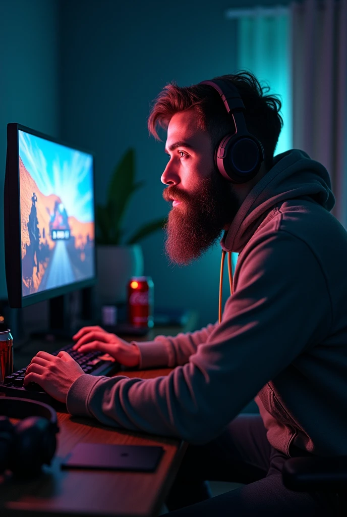a bearded man, Gamer, on the computer.