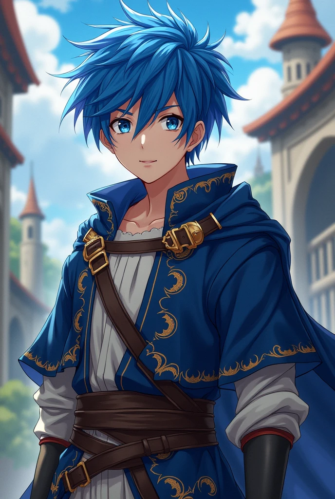 A young man with blue hair, anime styling, medieval clothes.