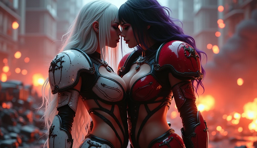 Full body pose sexy sisters of battle from the warhammer 40k, kissing and hugging, red space marine armor with intricate details, white space marine armor with intricate details, symbols on the armor, sisters of battle, warhammer 40k, Massive exposed silicone breast, pale skin, seductive, temptation, eat your soul, clevage, long white flowing hair, long black flowing hair with purple highlights, heavy gothic makeup, at night, neon, beautiful detailed eyes, beautiful detailed lips, extremely detailed eyes and face, long eyelashes, highly detailed space marine armor, intricate futuristic laser weaponry, dramatic lighting, cinematic composition, muted color palette, gritty and realistic, mecha, science fiction, hyper-detailed, photorealistic, award winning digital art, 8k, HDR, masters work, in the middle of a battle field, explosions and fire around, full war, stunning, Stilleto heels, high heels, full body pose, cinematic, movie trailer, nemesis, dust and debree, fanatic, religious, sisters of battle, warhammer 40k, bimbo gigantic exposed breast, kissing, stilleto heels, cinematic light, cameltoe pussy, beautiful pussy, wet pussy, wet body, oiled body, gigantic breast, dynamic super sexy dynamic pose, sisters of battle from the warhammer 40K, passionate kissing, seductive, one night stand, working as whores