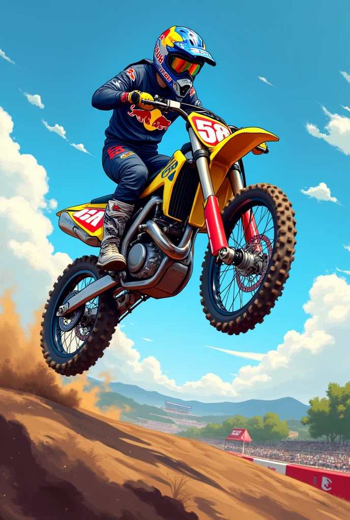 Yellow Suzuki Rmz450 Supercross Cartoon, jumping ,jersey number 58 ,redbull helmet blue color /gray ,plate name lucho ,Number 58,