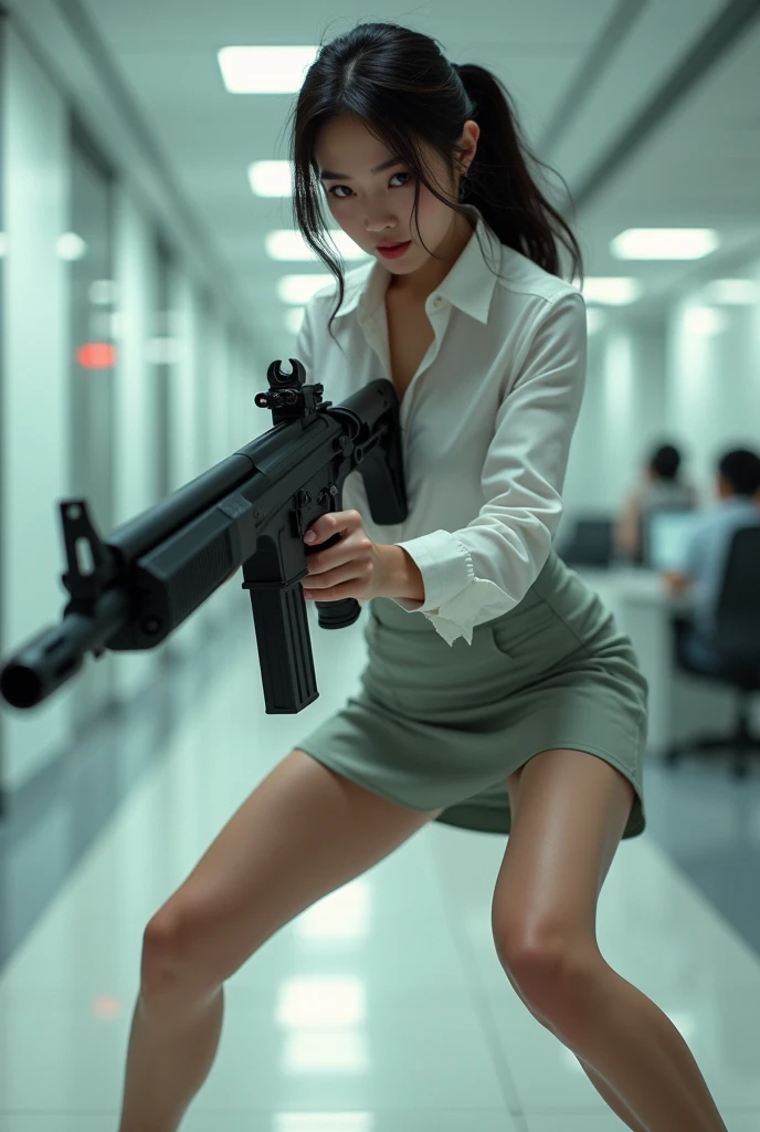 beautiful chinese office lady mini skirt white shirt realistic long machine gun toting real person legs spread apart standing rampage shooting side target facing 



