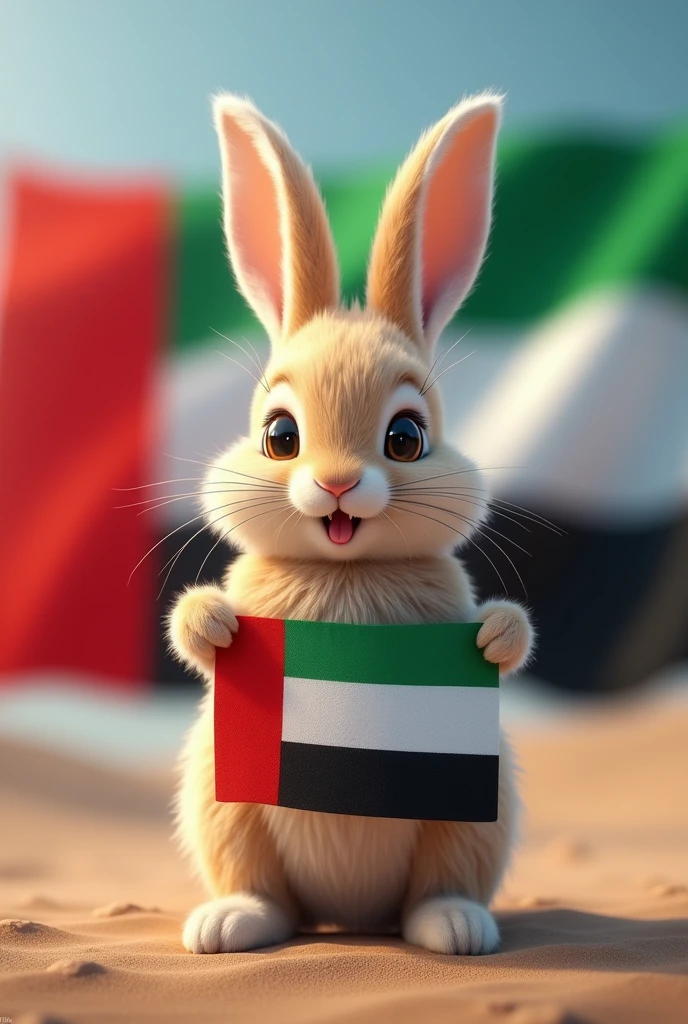 A bunny holding the uae flag, with the uae flag in the backround
