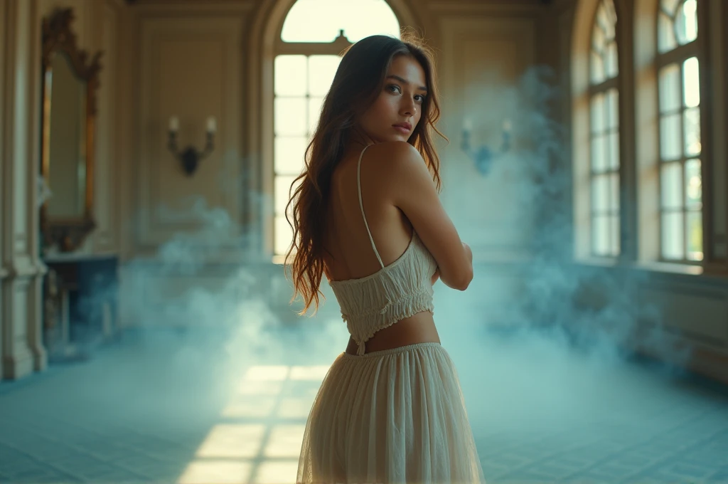 fot, taken from a distance seen full length, Female model, She is very young, plein-air, in a ballroom, sexy short dress, medium hips, Caucasian skin, sad for a lost love, long brown hair, a softened wry smile - contained excitement, Soft lighting on your face, realistic skin-clothes-hair textures, sky blue eyes carpeted mist, beautiful real textures and delicate aesthetics, full body view, playing an 8 bass harmonica, notable for natural feminine beauty, noise, 8 k quality, FOTO RAW, by professional photographer, rule of thirds, Extremely Detailed