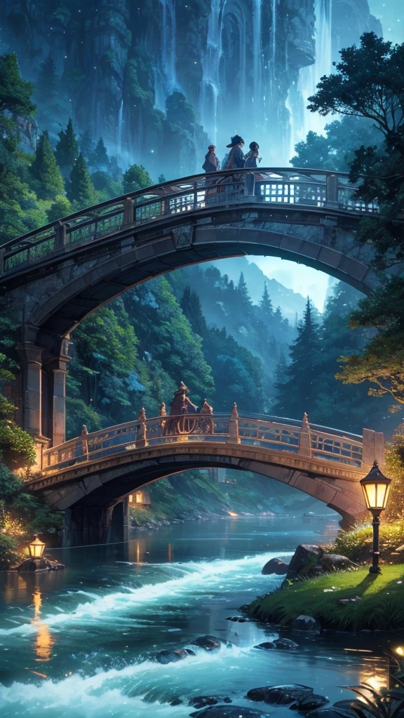 a tour cab crossing road over bridge, lake, mountain, night, ghibli anime style, ultra detailed, 8k, highly detailed, photorealistic, intricate details, dramatic lighting, glowing night sky, shimmering water, lush foliage, detailed architecture, sense of atmosphere, vibrant colors, cinematic composition