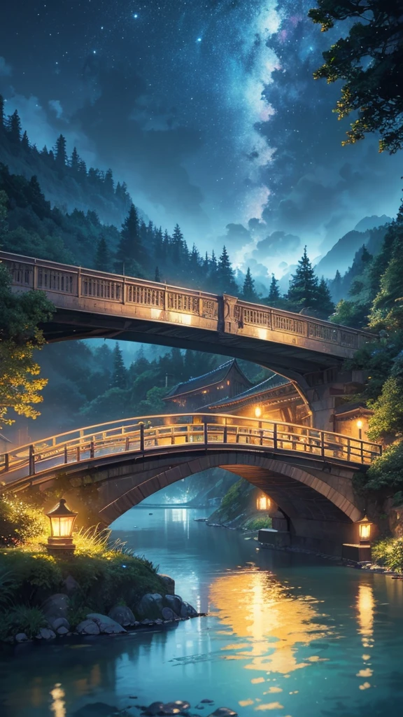 a tour cab crossing road over bridge, lake, mountain, night, ghibli anime style, ultra detailed, 8k, highly detailed, photorealistic, intricate details, dramatic lighting, glowing night sky, shimmering water, lush foliage, detailed architecture, sense of atmosphere, vibrant colors, cinematic composition