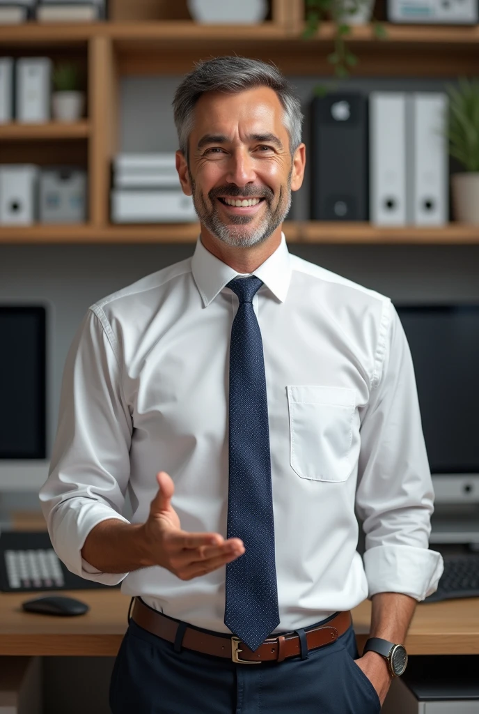 I NEED A MALE ADMINISTRATOR FOR A COMPUTER STORE WITH A WHITE SHIRT AND TIE, HAPPY AND REALISTIC EVERYTHING
