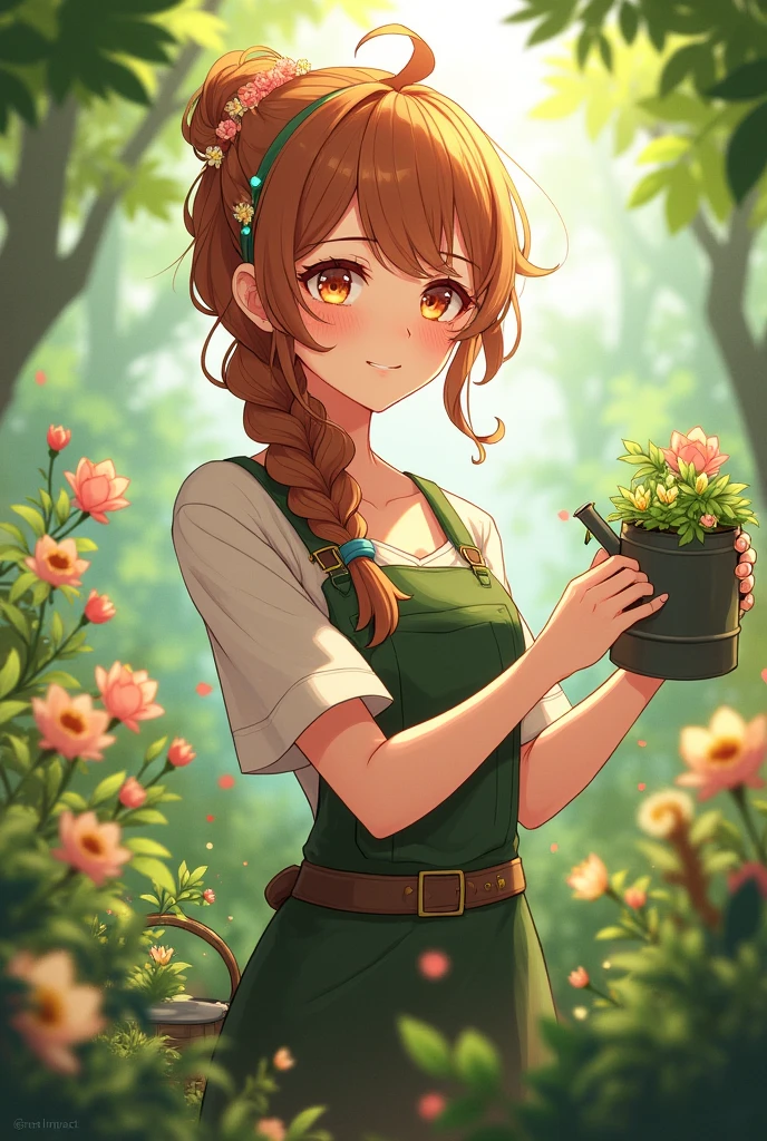 Oc de genshin impact, vision dendro, pelo cafe con estetica de jardinera