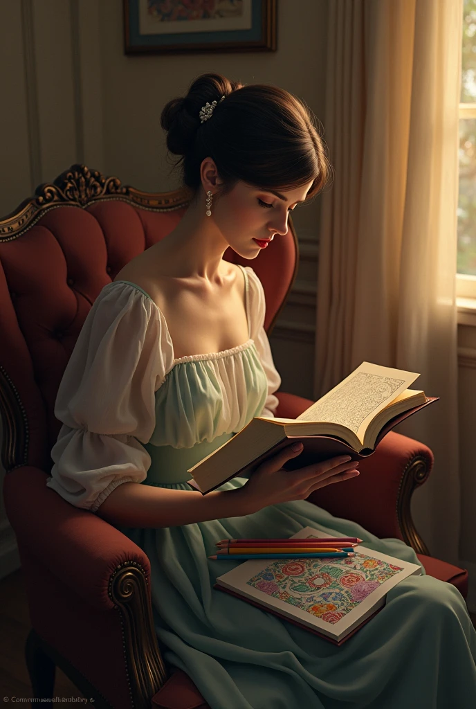 Create a girl dp sitting in a chair a girl wearing full dress and reading book atmosphere is cool and clam
