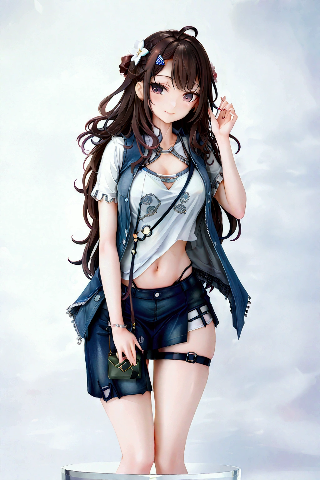 realistic anime illustration of pretty Vietnamese young woman  is posing for shooting a photo, she has black long curly hair (+forehead), wearing white t-shirt, overlay with denim vest, denim pencil mini skirt, (1girl, solo,full body), (masterpiece, best quality, japanese anime style), 