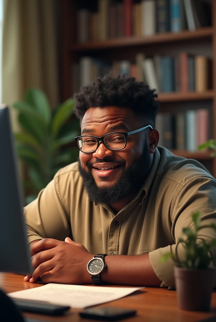 Chubby African American man with glasses recording an important audio
