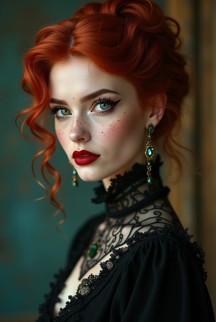 A very beautiful toreador vampire with extremely red hair, she has one blue eye and one green eye, she also has freckles, She has noble origins and is very fond of jewelry and always wears high heels., your high heel is elegant and chic, at the moment she is wearing modern 21st century clothes