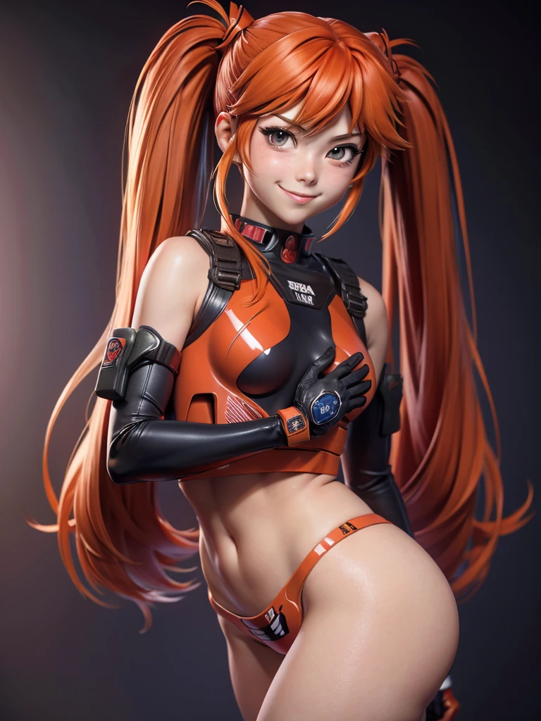 Asuka Langley in a provocative pose at a military base. looking at the viewer, smile, twin tails, blush, breasts, masterpiece, The best quality, necessary, Alta resolución, Senos grandes,