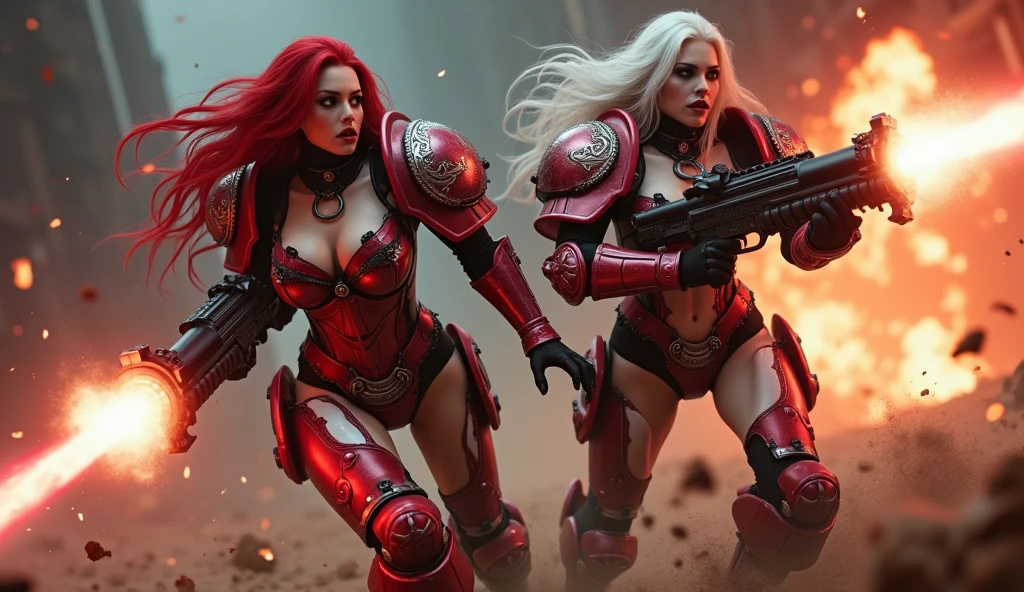 Full body pose sexy sisters of battle from the warhammer 40k, shooting at the enemy, red space marine armor with intricate details, white space marine armor with intricate details, symbols on the armor, sisters of battle, warhammer 40k, Massive exposed silicone breast, pale skin, seductive, temptation, eat your soul, clevage, long red flowing hair, long white flowing hair, long black flowing hair with purple highlights, heavy gothic makeup, at night, neon, beautiful detailed eyes, beautiful detailed lips, extremely detailed eyes and face, long eyelashes, highly detailed armor, intricate futuristic weaponry, dramatic lighting, cinematic composition, muted color palette, gritty and realistic, mecha, science fiction, hyper-detailed, photorealistic, award winning digital art, 8k, HDR, masters work, in the middle of a battle field, full body combat action pose, explosions and fire around, full war, stunning, Stilleto heels, high heels, full body pose, cinematic, movie trailer, final stand!, nemesis, ready to strike, dust and debree, combat screams, attacking, shooting at the enemy, running forward, last line of defense, charging, fanatic, religious, templar knights, sisters of battle, warhammer 40k, shooting at the enemy, bimbo gigantic exposed breast, jetpacks, space marine 