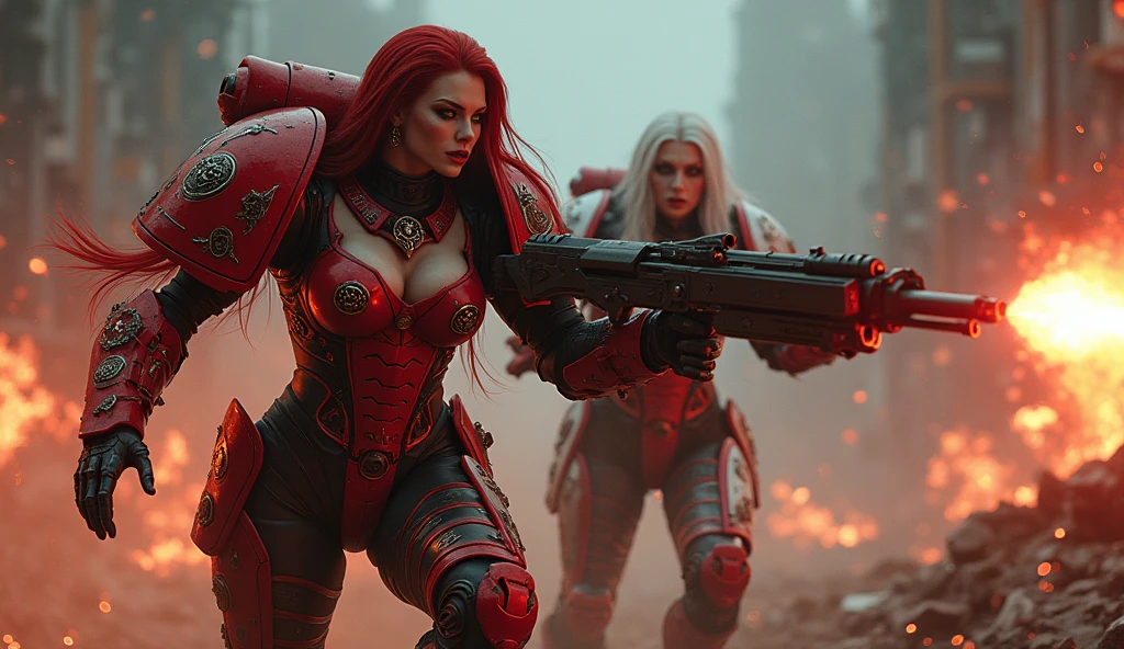 Full body pose sexy sisters of battle from the warhammer 40k, shooting at the enemy, red space marine armor with intricate details, white space marine armor with intricate details, symbols on the armor, sisters of battle, warhammer 40k, Massive exposed silicone breast, pale skin, seductive, temptation, eat your soul, clevage, long red flowing hair, long white flowing hair, long black flowing hair with purple highlights, heavy gothic makeup, at night, neon, beautiful detailed eyes, beautiful detailed lips, extremely detailed eyes and face, long eyelashes, highly detailed armor, intricate futuristic weaponry, dramatic lighting, cinematic composition, muted color palette, gritty and realistic, mecha, science fiction, hyper-detailed, photorealistic, award winning digital art, 8k, HDR, masters work, in the middle of a battle field, full body combat action pose, explosions and fire around, full war, stunning, Stilleto heels, high heels, full body pose, cinematic, movie trailer, final stand!, nemesis, ready to strike, dust and debree, combat screams, attacking, shooting at the enemy, running forward, last line of defense, charging, fanatic, religious, templar knights, sisters of battle, warhammer 40k, shooting at the enemy, bimbo gigantic exposed breast, jetpacks, space marine