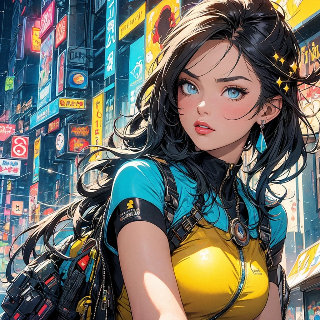 (masterpiece, highest quality), 32K,(highly detailed beautiful woman), poster,SF,1960s,1970s,bauhaus, shape, abstract,movie poster, vintage,retro,futuristic anime,ultimate map,highlight,highly detailed glowing eyes,cleavage,complicated pattern,Stylish hairstyle,fluorescence((yellow clothes)),Starry Sky,Cyberpunk street fashion,