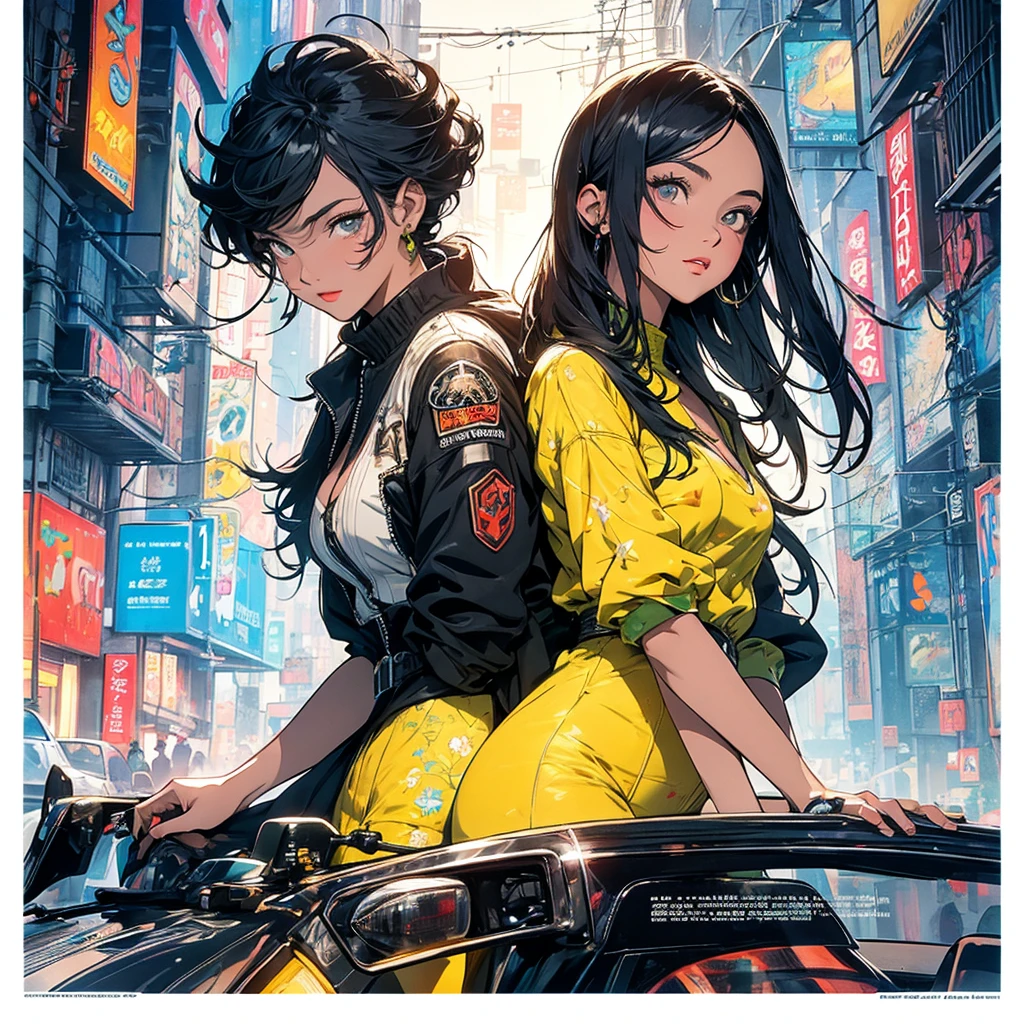 (masterpiece, highest quality), 32K,(highly detailed beautiful woman), poster,SF,1960s,1970s,bauhaus, shape, abstract,movie poster, vintage,retro,futuristic anime,ultimate map,highlight,highly detailed glowing eyes,cleavage,complicated pattern,Stylish hairstyle,fluorescence((yellow clothes)),Starry Sky,Cyberpunk street fashion,