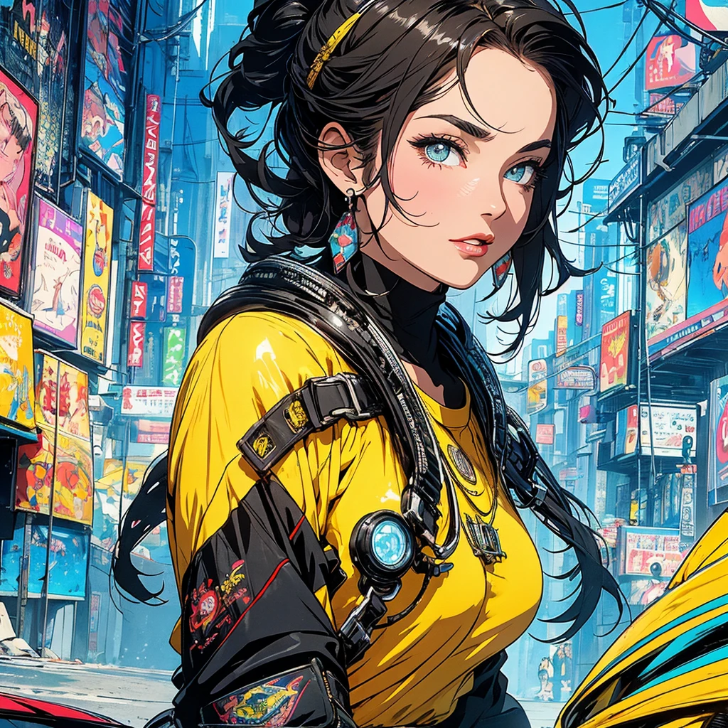 (masterpiece, highest quality), 32K,(highly detailed beautiful woman), poster,SF,1960s,1970s,bauhaus, shape, abstract,movie poster, vintage,retro,futuristic anime,ultimate map,highlight,highly detailed glowing eyes,cleavage,complicated pattern,Stylish hairstyle,fluorescence((yellow clothes)),Starry Sky,Cyberpunk street fashion,