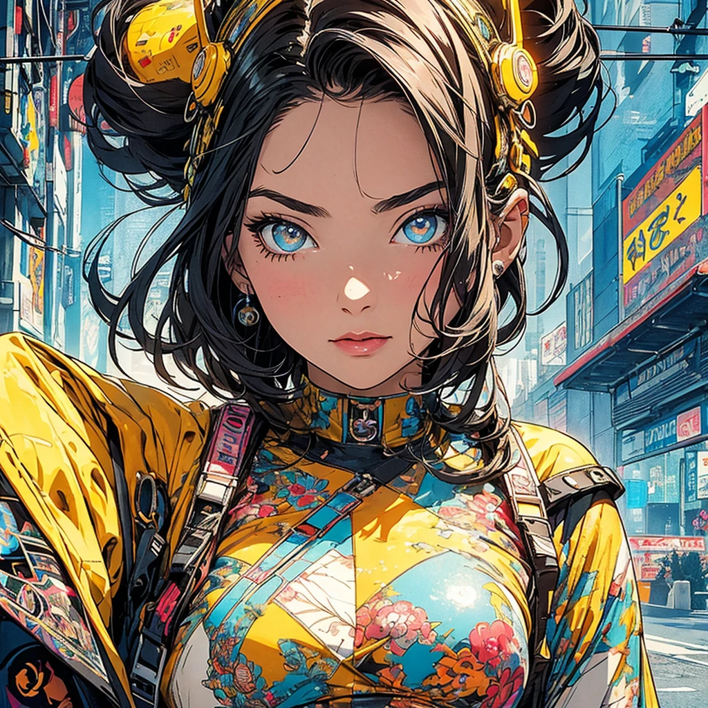 (masterpiece, highest quality), 32K,(highly detailed beautiful woman), poster,SF,1960s,1970s,bauhaus, shape, abstract,movie poster, vintage,retro,futuristic anime,ultimate map,highlight,highly detailed glowing eyes,cleavage,complicated pattern,Stylish hairstyle,fluorescence((yellow clothes)),Starry Sky,Cyberpunk street fashion,