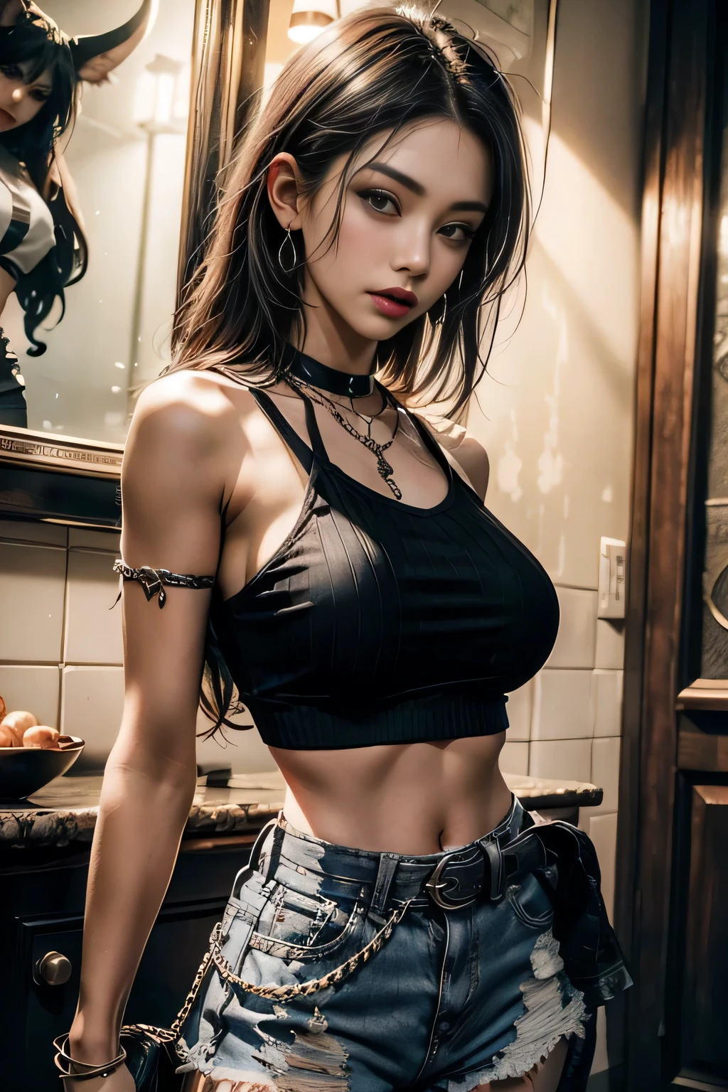 sfw, Hyper realistic super detailed sexy young gothic girl , expressions faciales sexy, seductive facial expressions, dynamic pose [:(Face detail: 1.4): 0.4], 16K resolution, 4k resolution, (Ventre plat parfait), (image couleur), edgpshorts, a woman in a black top and shorts with chains on her waist , wearing edgpshorts, wearing bra,((skinny waist)), young asian girl, ((big breasted)),