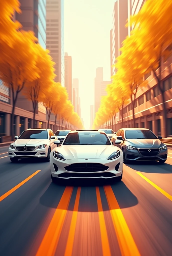 image to decorate a wall driving school, Latest model cars and motorcycles in white, in the city with good lighting, colors orange yellow white, negro,