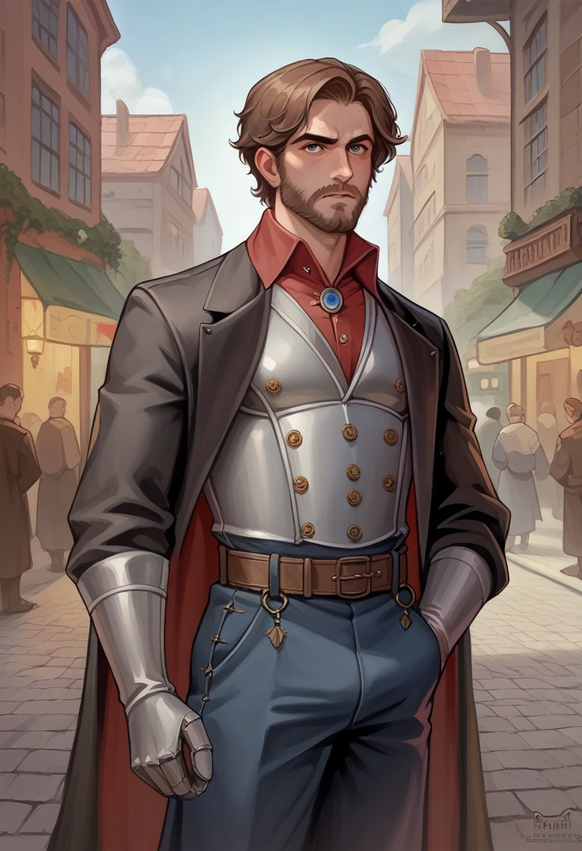 "Create an image of a male character standing and looking directly at the camera. He has a well-groomed brown beard and medium-length brown hair. His attire is a fusion of medieval and futuristic styles: a long, dark coat with intricate embroidery, a high-collared shirt with metallic accents, and leather gloves. His eyes are intense, reflecting his serious and determined nature as a detective. The setting is a dimly lit alleyway with cobblestone streets, where the atmosphere blends gothic elements with subtle hints of advanced technology, like a faint glow from a device on his belt."