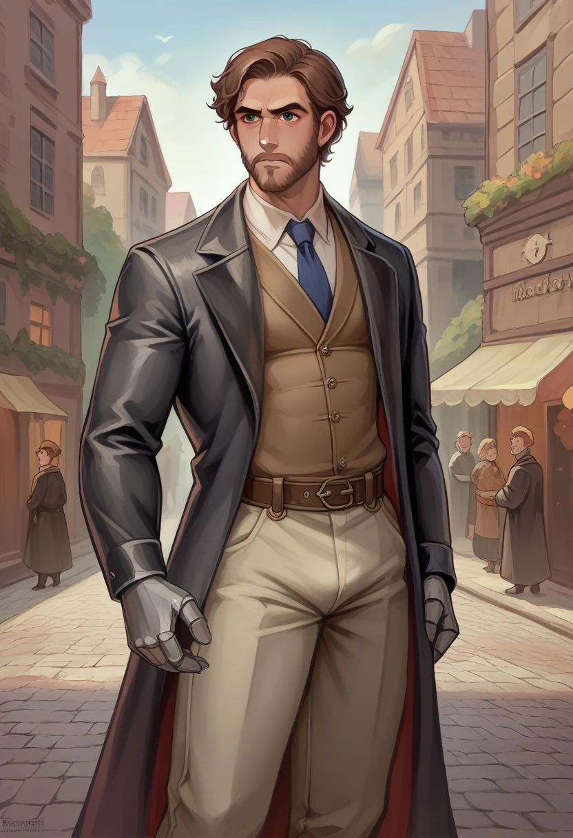 "Create an image of a male character standing and looking directly at the camera. He has a well-groomed brown beard and medium-length brown hair. His attire is a fusion of medieval and futuristic styles: a long, dark coat with intricate embroidery, a high-collared shirt with metallic accents, and leather gloves. His eyes are intense, reflecting his serious and determined nature as a detective. The setting is a dimly lit alleyway with cobblestone streets, where the atmosphere blends gothic elements with subtle hints of advanced technology, like a faint glow from a device on his belt."