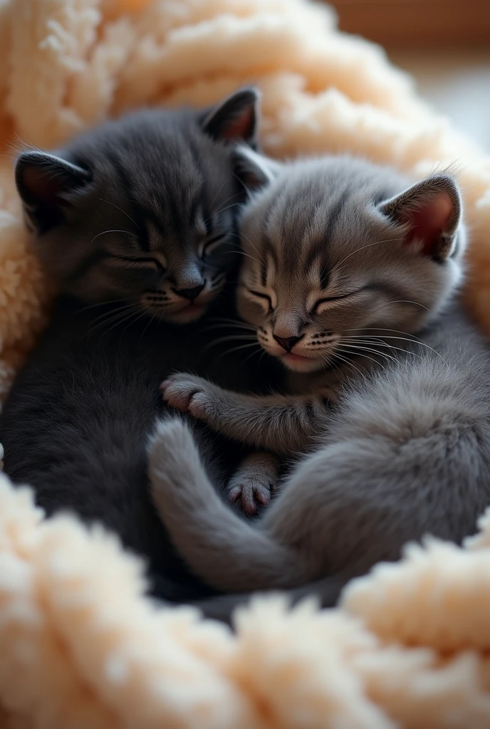 Generate a wallpaper with 3 baby kittens: negro, Dark grey and black that are curled up, happy