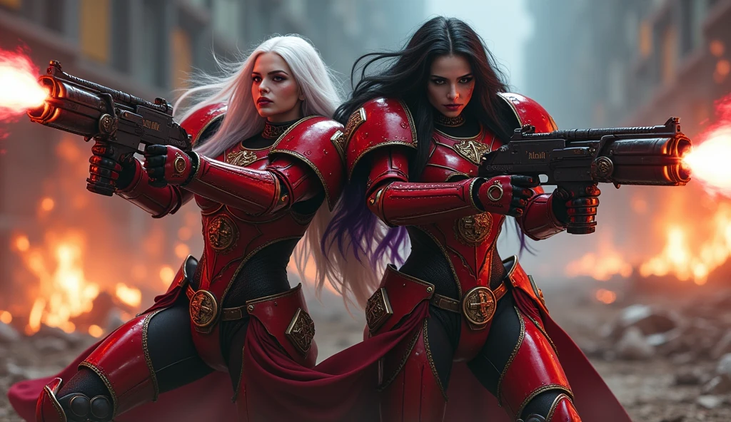 Full body pose sexy sisters of battle from the warhammer 40k, shooting at the enemy, red space marine armor with intricate details, religous symbols on the armor, sisters of battle, warhammer 40k, Massive silicone breast, pale skin, seductive, temptation, eat your soul, clevage, long white flowing hair with red highlights, long black flowing hair with purple highlights, heavy gothic makeup, at night, neon, beautiful detailed eyes, beautiful detailed lips, extremely detailed eyes and face, long eyelashes, highly detailed armor, intricate futuristic weaponry, dramatic lighting, cinematic composition, muted color palette, gritty and realistic, mecha, science fiction, hyper-detailed, photorealistic, award winning digital art, 8k, HDR, masters work, in the middle of a battle field, full body combat action pose, explosions and fire around, full war, stunning, Stilleto heels, high heels, full body pose, cinematic, movie trailer, final stand!, nemesis, ready to strike, dust and debree, combat screams, attacking, shooting at the enemy, running forward, last line of defense, charging, fanatic, religious, templar knights, sisters of battle, warhammer 40k