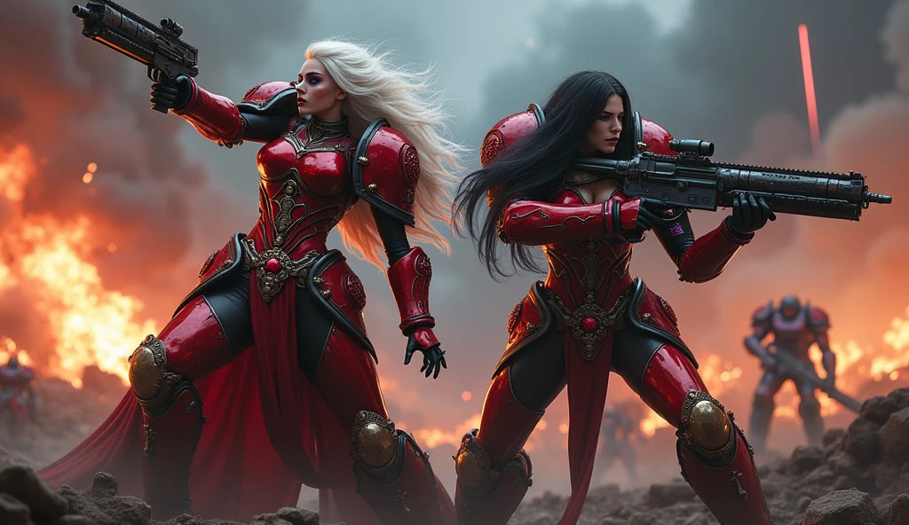 Full body pose sexy sisters of battle from the warhammer 40k, shooting at the enemy, red space marine armor with intricate details, religous symbols on the armor, sisters of battle, warhammer 40k, Massive silicone breast, pale skin, seductive, temptation, eat your soul, clevage, long white flowing hair with red highlights, long black flowing hair with purple highlights, heavy gothic makeup, at night, neon, beautiful detailed eyes, beautiful detailed lips, extremely detailed eyes and face, long eyelashes, highly detailed armor, intricate futuristic weaponry, dramatic lighting, cinematic composition, muted color palette, gritty and realistic, mecha, science fiction, hyper-detailed, photorealistic, award winning digital art, 8k, HDR, masters work, in the middle of a battle field, full body combat action pose, explosions and fire around, full war, stunning, Stilleto heels, high heels, full body pose, cinematic, movie trailer, final stand!, nemesis, ready to strike, dust and debree, combat screams, attacking, shooting at the enemy, running forward, last line of defense, charging, fanatic, religious, templar knights, sisters of battle, warhammer 40k