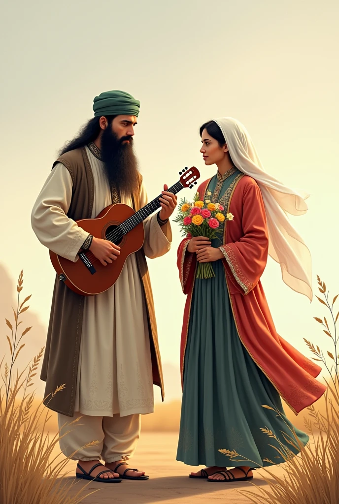 afghan couples both are in simple shalwar qames dress man wear pakol playing Rubab instrument while women hold flowers man looking long bear and long hair