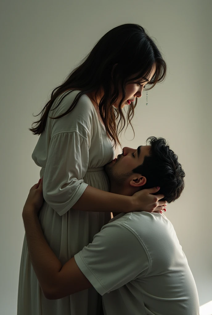 A man is on his knees and emotionally hugging a woman by her waist, his head is resting on her abdomen. The woman is overwhelmed and tearful