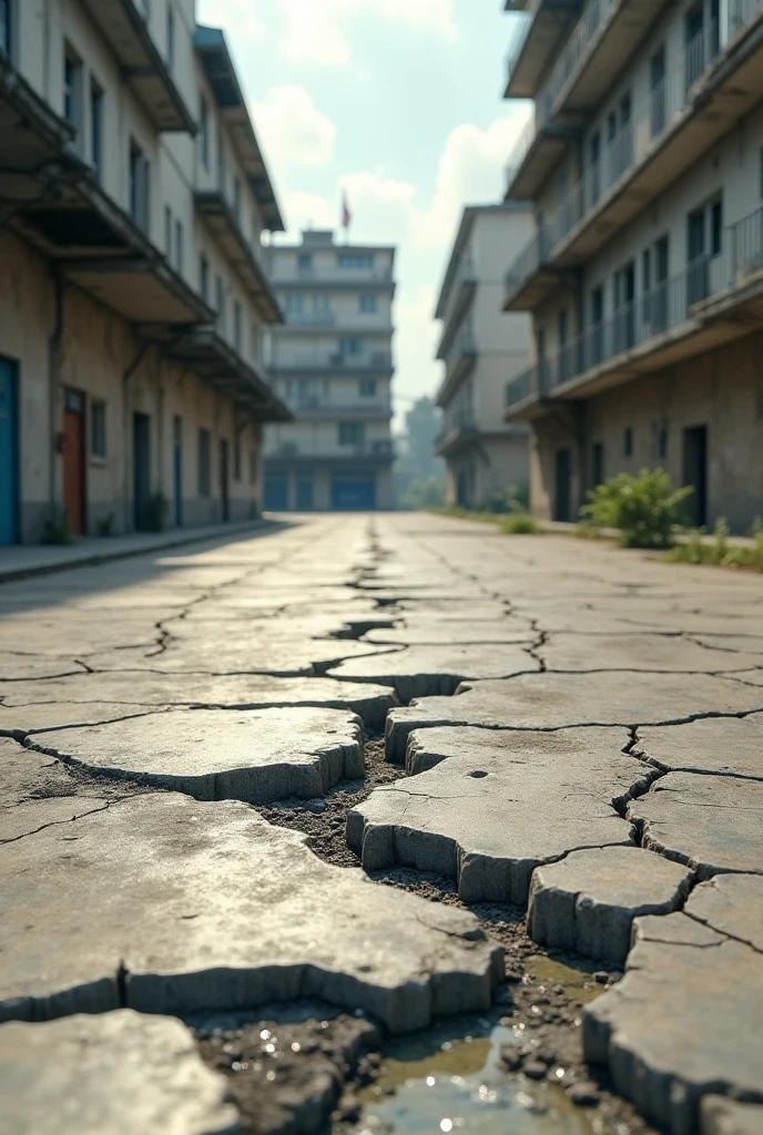 I want a scene where you can see a cracked floor and some buildings in the background, which is realistic. the cracks must be patched and there must be emphasis on the ground