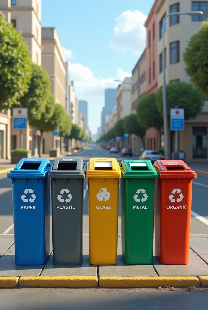 generate an image of 5 recyclable trash cans lined up on a sidewalk in a city in Brazil with a small panel marking the score