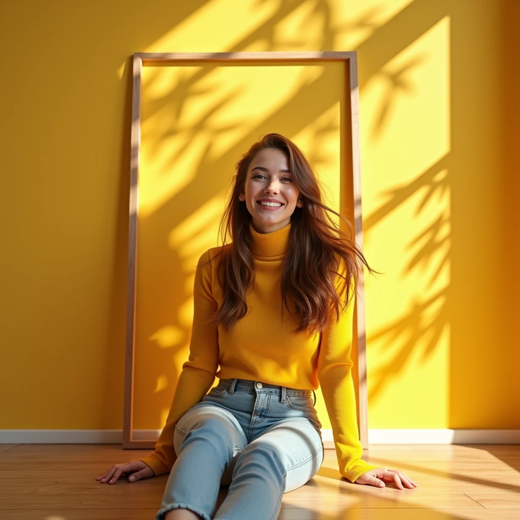 A woman with long brown hair radiating joy is wearing a bright yellow turtleneck sweater and light blue jeans. She is sitting on the floor next to a thin, medium-sized wooden frame with a DIN A aspect ratio. The frame is blank, showing its sleek and minimalist design. The room is filled with vibrant sunlight, which casts colorful reflections and creates a lively and festive atmosphere. The thin wooden border of the frame is the focal point, enhancing the fresh and energetic atmosphere of the space, hyper realistic style.