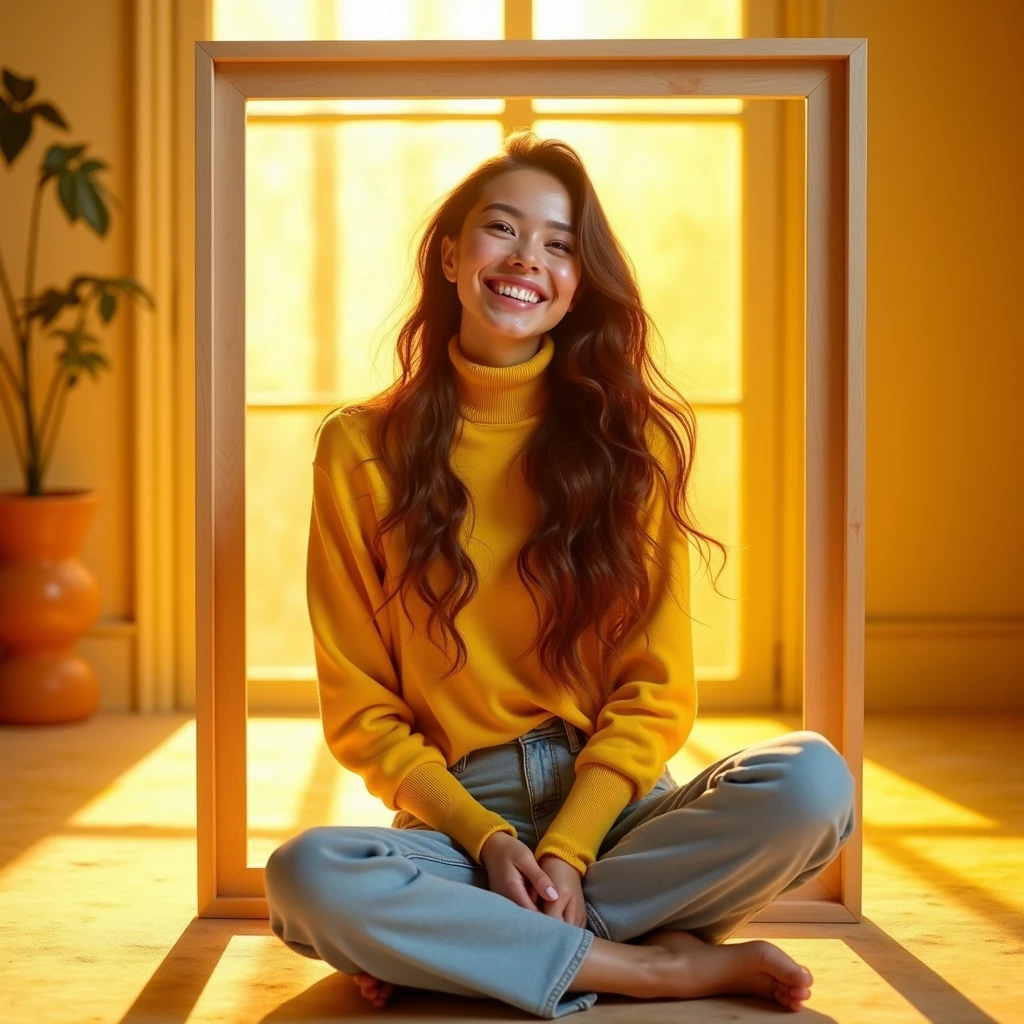A woman with long brown hair radiating joy is wearing a bright yellow turtleneck sweater and light blue jeans. She is sitting on the floor next to a thin, medium-sized wooden frame with a DIN A aspect ratio. The frame is blank, showing its sleek and minimalist design. The room is filled with vibrant sunlight, which casts colorful reflections and creates a lively and festive atmosphere. The thin wooden border of the frame is the focal point, enhancing the fresh and energetic atmosphere of the space, hyper realistic style.