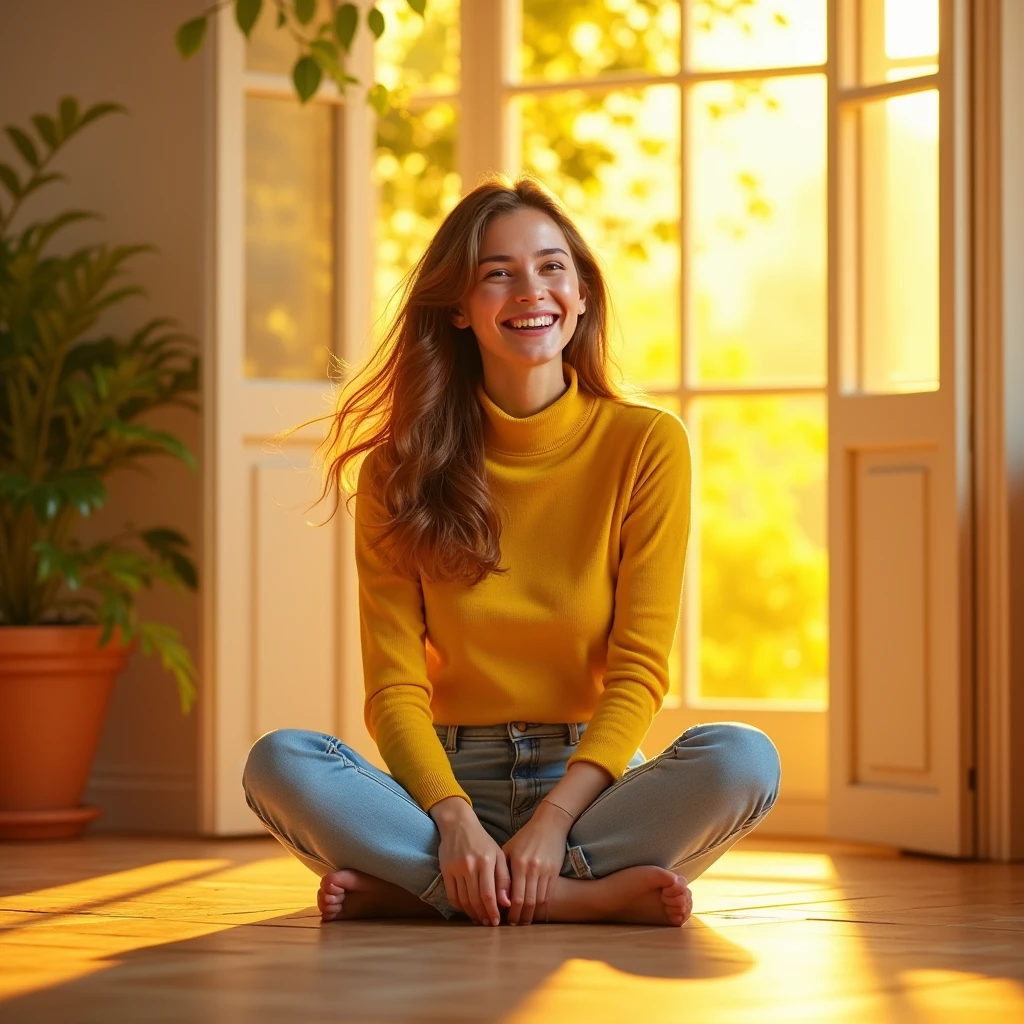 A woman with long brown hair radiating joy is wearing a bright yellow turtleneck sweater and light blue jeans. She is sitting on the floor next to a thin, medium-sized wooden frame with a DIN A aspect ratio. The frame is blank, showing its sleek and minimalist design. The room is filled with vibrant sunlight, which casts colorful reflections and creates a lively and festive atmosphere. The thin wooden border of the frame is the focal point, enhancing the fresh and energetic atmosphere of the space, hyper realistic style.