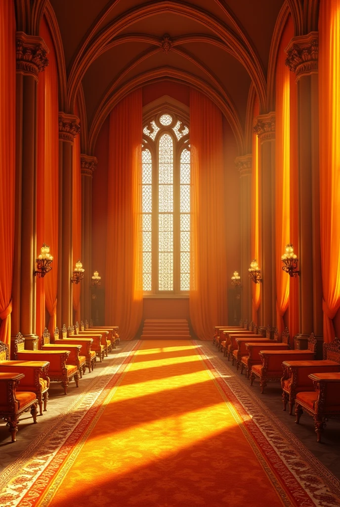 Can you create a huge royal hall??, very wide, with gothic style windows with orange curtains, with completely orange walls, French medieval style furniture, orange carpeted floor, orange carpets, completely orange upholstery, very intense, through the orange glass windows