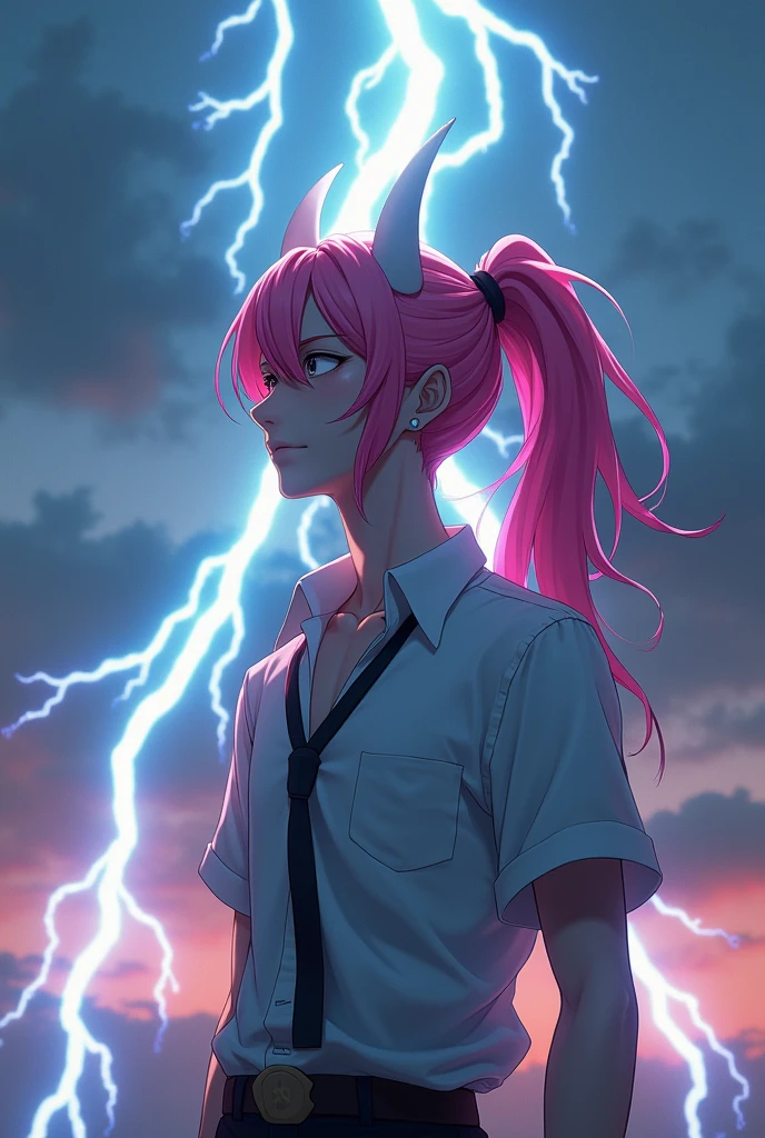 Create a femboy character in men's clothing with long pink hair tied in an anime ponytail with white demon horns on his head while lightning bolts come out of his horns as he looks up at the sky