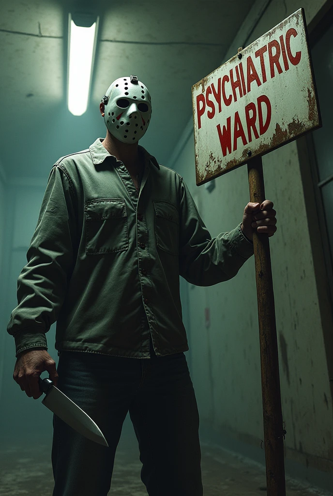 Man wearing hockey mask holding psych ward sign with knife