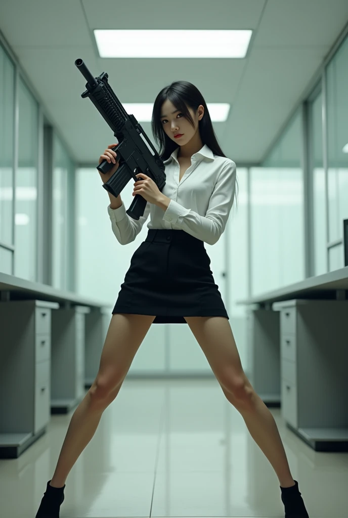 beautiful chinese office lady mini skirt white shirt realistic long machine gun toting real person legs spread apart standing rampage shooting side target facing 


