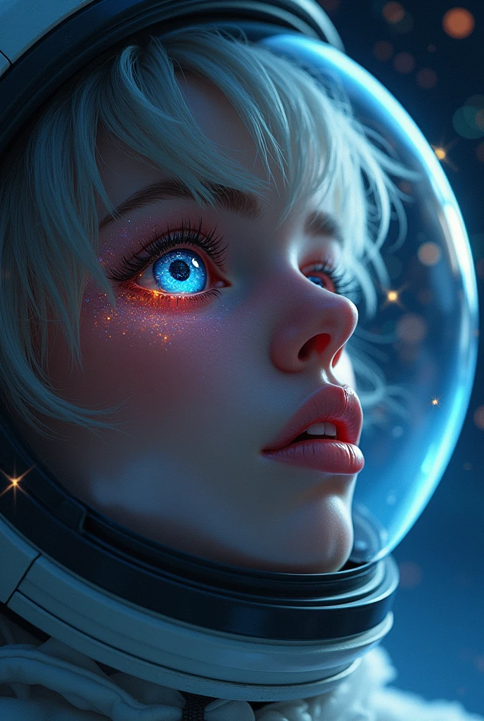 (Close-up of a better masterpiece:1.5)0.9], (Space and astronauts:1.2) (Messy silver hair:1.1) (Heterochromia xanthochromia and blue eyes:1.2) (Space Helmet:1.0) (Colored stars in the eyes:1.0) (A radiant glow:1.1) (thick lips:0.9)
