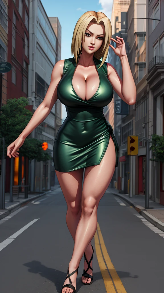 anime woman wearing dark green mini dress,((wrap dress)),(v shaped cleavage),(sleeveless),thigh exposed,tsunade from naruto,(hourglass body),(large breasts),(slender legs)seductive expression,dynamic pose,in city street,daytime,BREAK,((masterpiece,best quality,hyper detailed),realistic anime 3 d style,beautiful,8k wallpaper,refined details,high-quality rendering,profesional photograph,profesional lighting,soft and warm anime,detailed eyes,perfect face,perfect anatomy