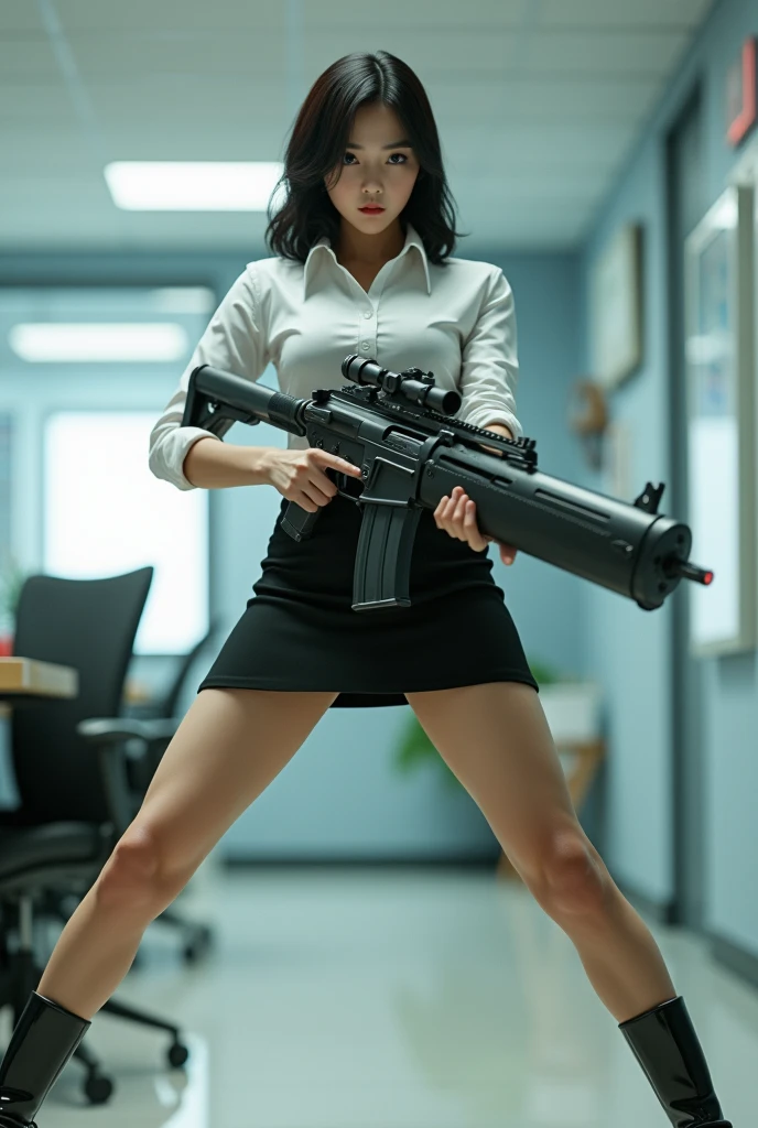 beautiful chinese office lady white shirt mini skirt realistic machine gun toting hip firing real person legs apart standing rampage shooting side facing