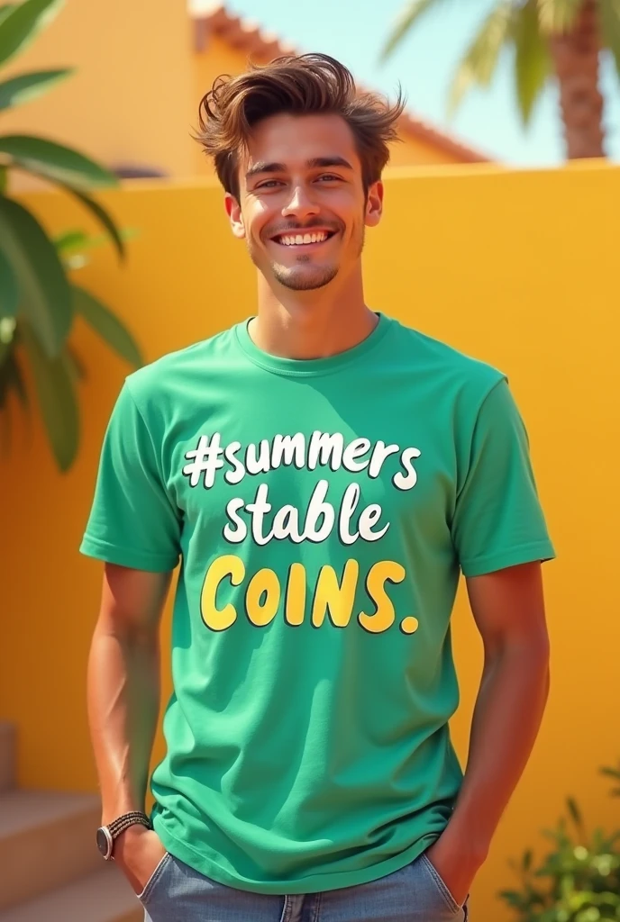 An image of a guy wearing a little green t-shirt written with white #summerstablecoins.  #minipayafrica